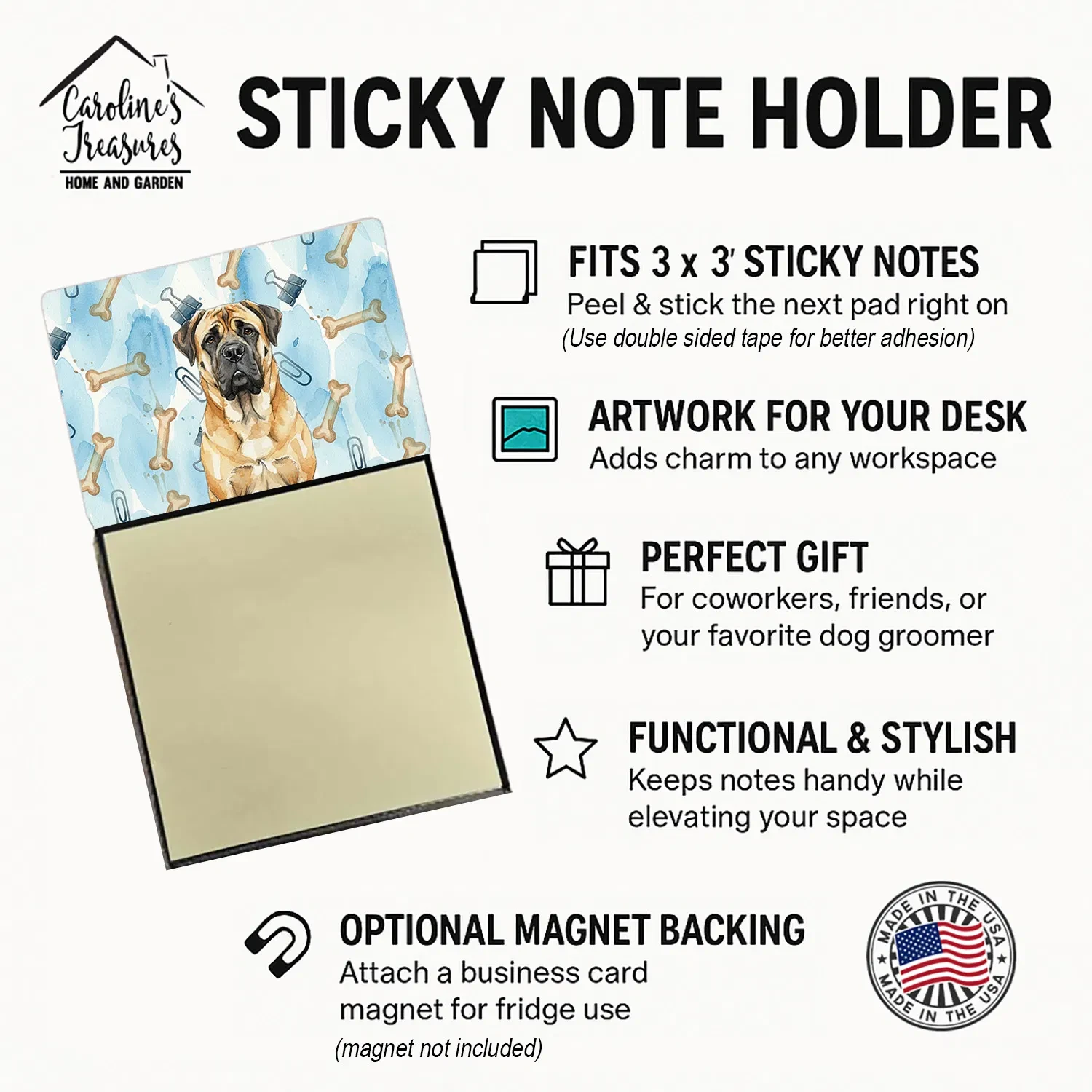 Fawn Mastiff Coworker Watercolor Sticky Note Holder Refillable Dispenser Desk Accessory 3x3 Pad Gift