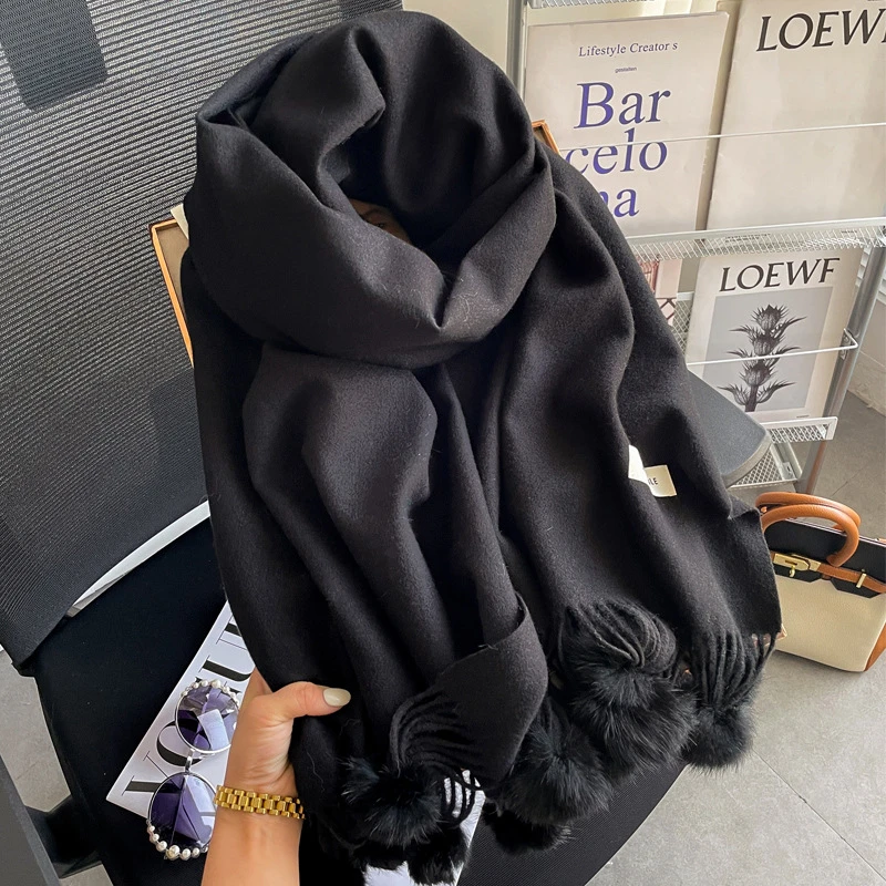 Beige Artificial Cashmere Scarf Fur Ball Winter Warm Tassel Shawl