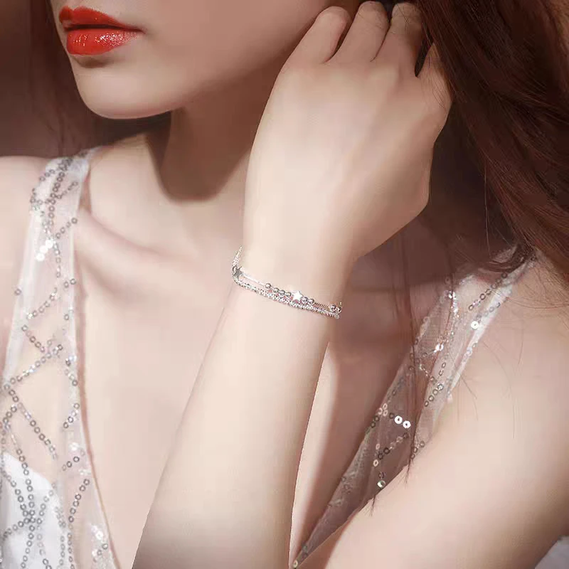 1pc 999 Sterling Silver Double-Layer Star & Crystal Bracelet, Delicate Luxurious Style, Perfect For Daily Wear And Valentine's Gift