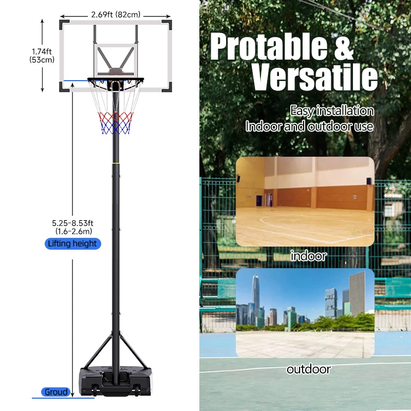 TotheCORE Basketball Stand 5.25-8.53 Ft Adjustable Portable Basketball Hoop & Goal With PC Backplate, Large Base And Wheels