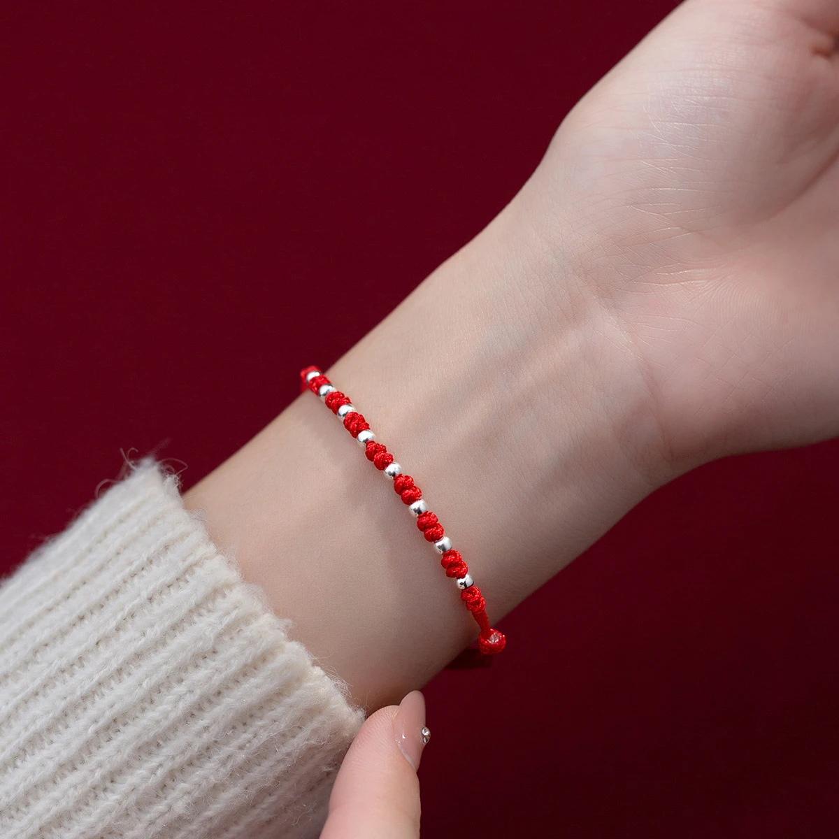 S925 Silver Simple Interval 8 Pieces Light Bead Red Rope Hand-woven