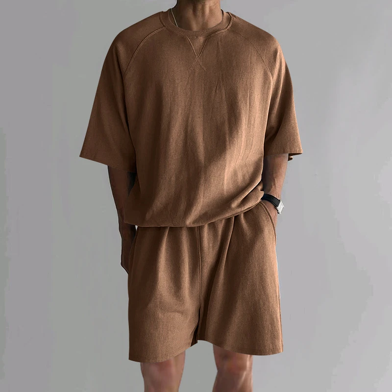 Men's Terry Casual Round Neck Sports Shorts Short Sleeve Two-piece Set