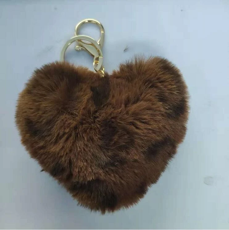 Leopard Print Love Plush Pendant Peach Heart Keychain Car Ornament Accessories Bag Imitation Rex Rabbit Fur Ball