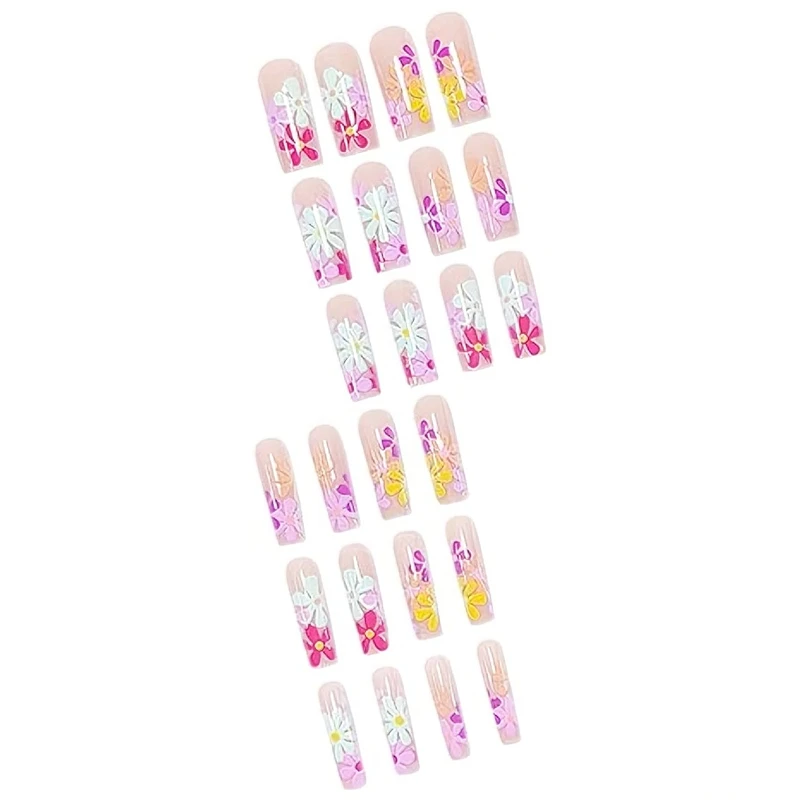24 PCS Long Flat Flowers Nail Art, Long Length Long Water Pipe Fake Nails,Square Head Nail Tips False Nail