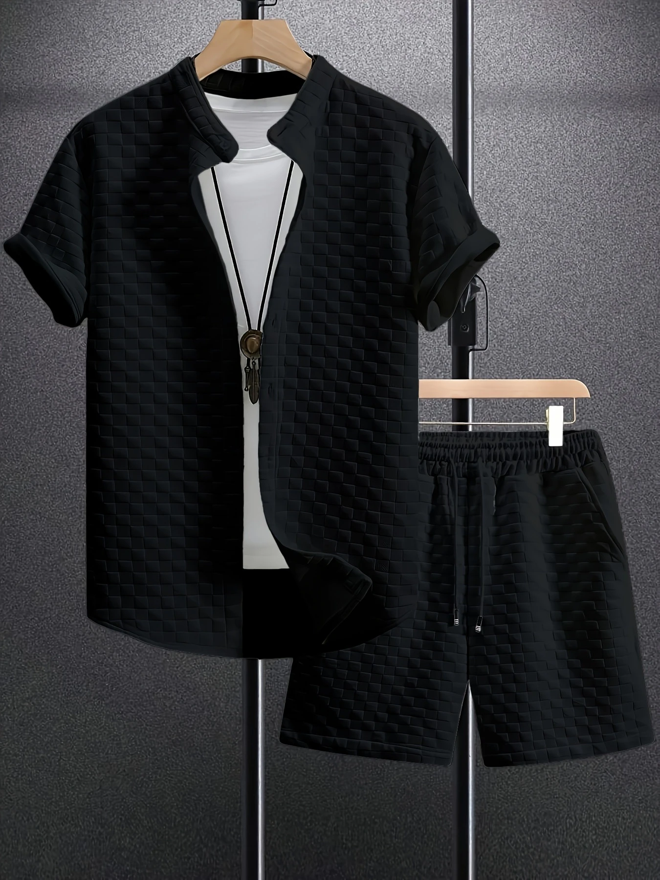 Men's Jacquard Casual Short Sleeve Shirt Outfit
