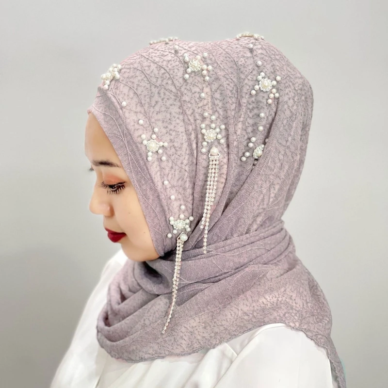 Malay Ladies Tassel Solid Color Headscarf Gold Silk Beaded