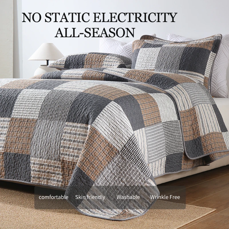 Cotton Reversible Quilt Bedspread Set  French Country Checkered Print With Textured Stripe Accents, 3-piece Bedding For All Seasons Full  Queen  King Size Durable Quilting Prevents Shifting, Breath