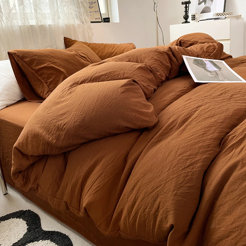 Four-piece Bed Set Solid Color Sanding Washed Cotton Duvet Cover