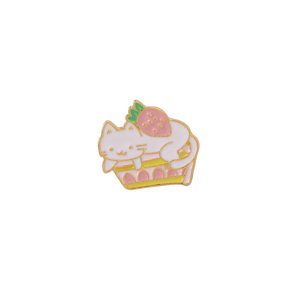 Cute Cat Strawberry Metal Brooch Cake Cat Dripping Oil