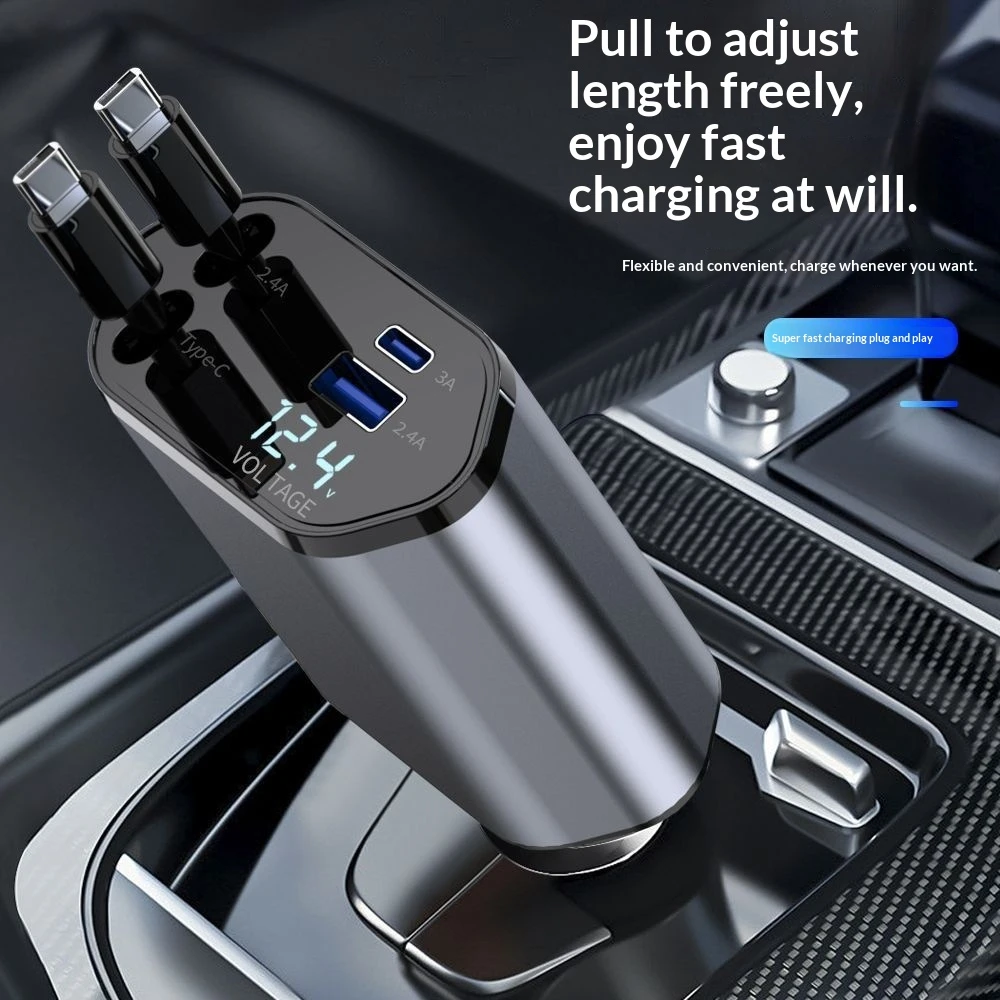 4 In 1 Retractable Car Charger Fast Car Phone Charger 120W With USB Type C Cable