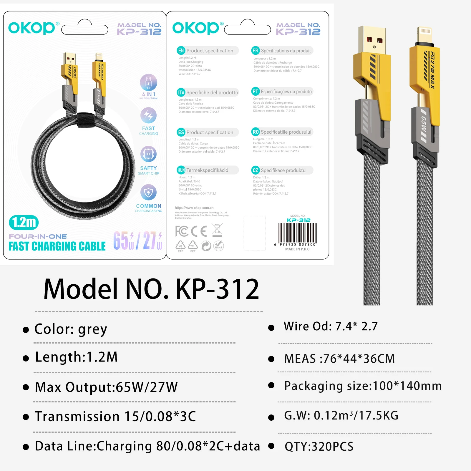 KP-312 65W 4-in-1 Retractable Charging Cable Fast-Charging Best-Selling Model Compatible With Appl Huawe Phones In Stock
