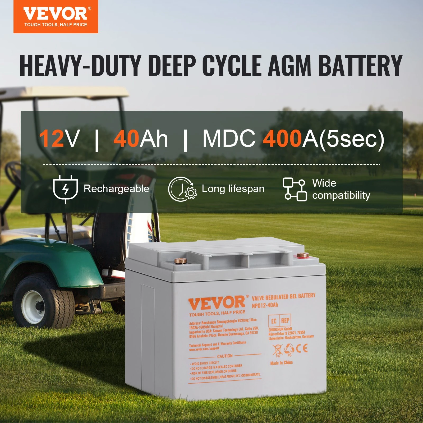 Deep Cycle Battery, 12V 40AH, AGM Marine Rechargeable Battery, High Self-Discharge Rate 400A Discharge Current For Mobility Scooters Electric Wheelchairs Go-Karts E-Bikes, Tested To UL Standards