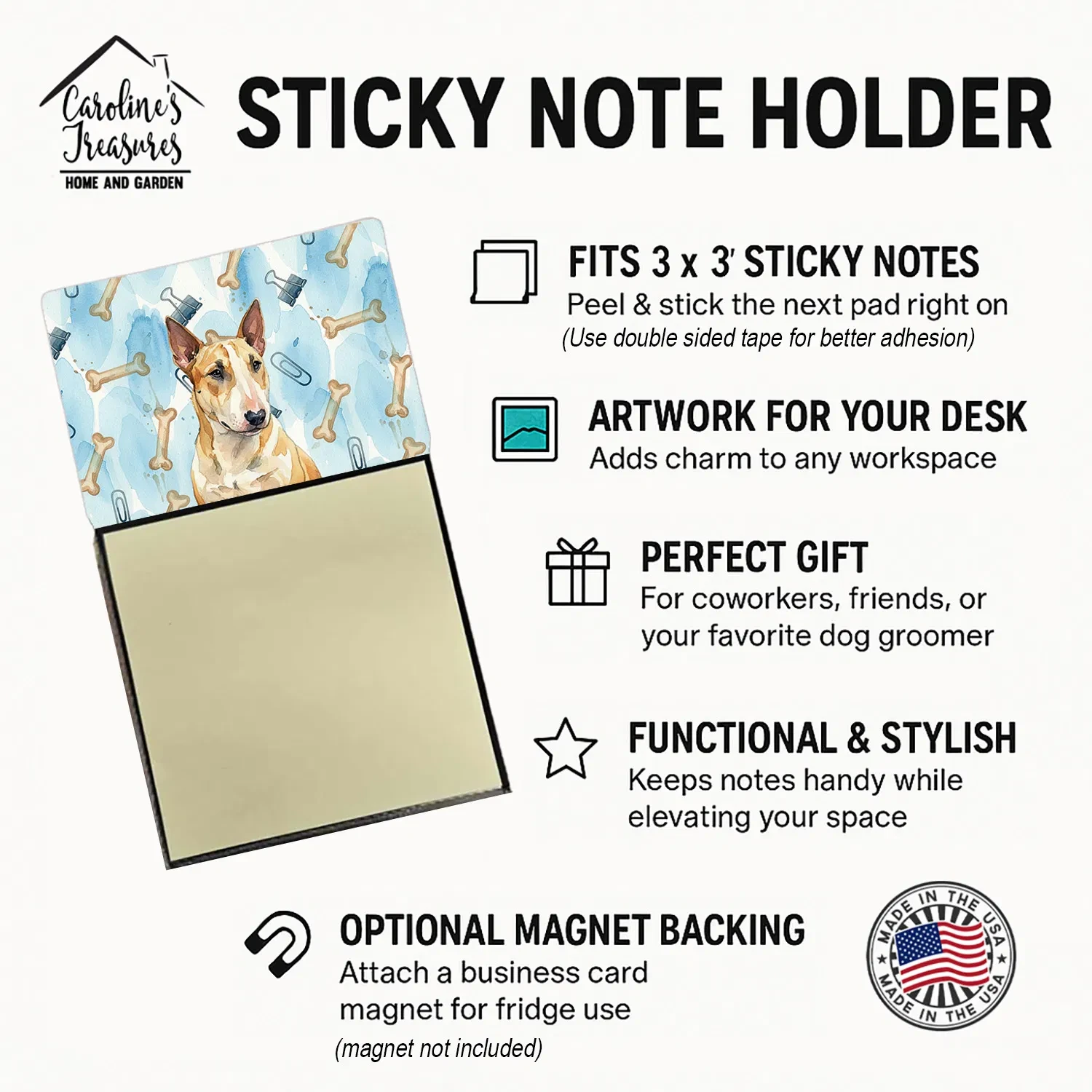 Miniature Bull Terrier Coworker Watercolor Sticky Note Holder Refillable Dispenser Desk Accessory 3x3 Pad Gift