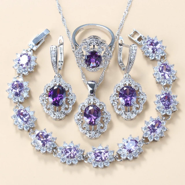 Garnet Cubic Zirconia Earrings Pendant Necklace Bracelet Ring Gift 4 PCs Set
