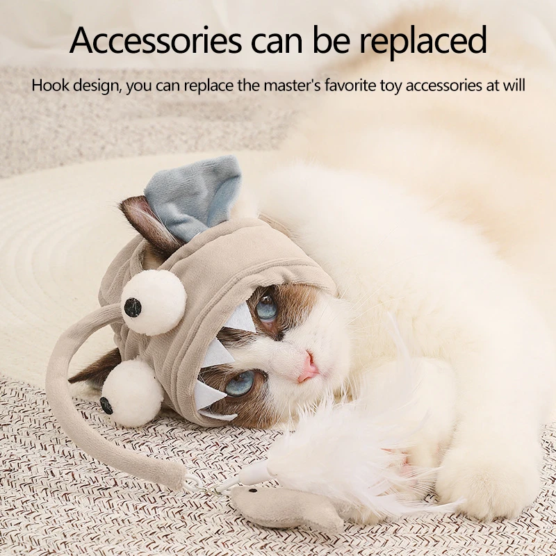 Feather Head Teaser Cat Stick Quirky Little Dinosaur Teaser Toy Stick Grey Big Eye Fish Cat Toys