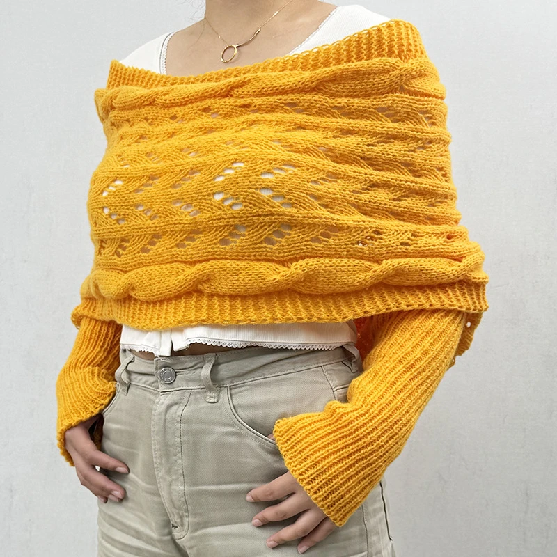 Autumn And Winter Warm Knitted Shawl Women's Hollowed-out Double Sleeve Shawl Collar Fashion Natural For Home And Party