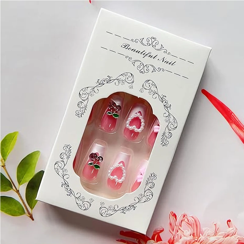 24 PCS Cherry Bow Nail Art, Long Length Long Water Pipe Fake Nails,Square Head Nail Tips False Nail