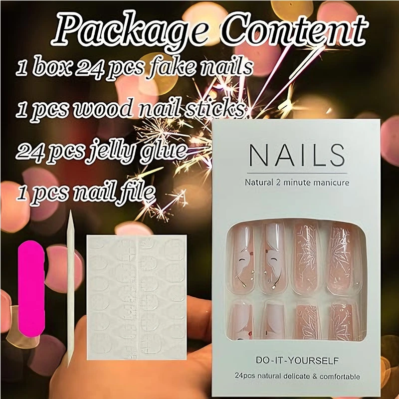 24 PCS Diamond Deer Snowflake Nail Art, Long Length Long Water Pipe Fake Nails,Square Head Nail Tips False Nail