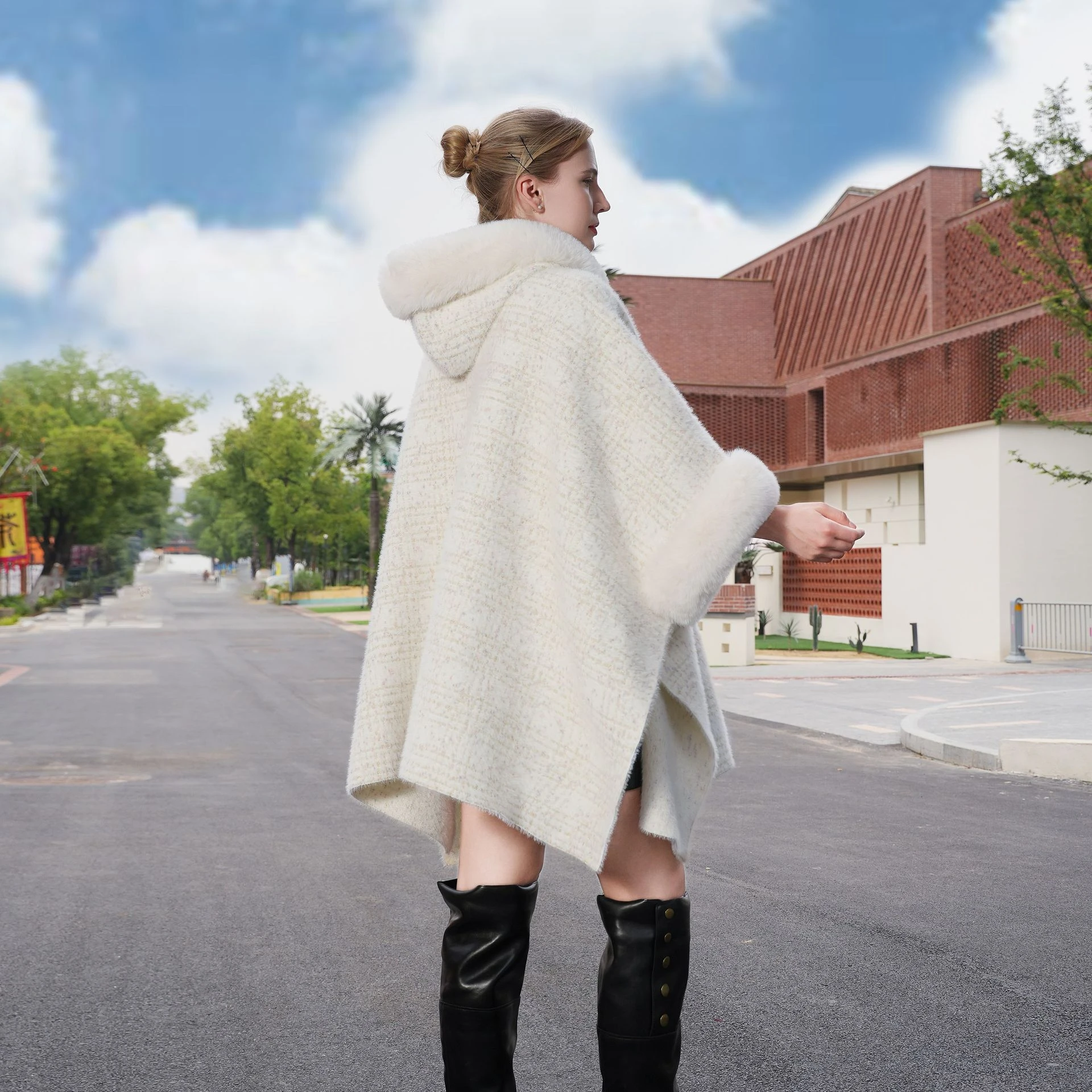 Warm Fur Collar Cardigan Mid-length Loose Thick Coat Dress And Cheongsam All-match Hooded Fur Shawl