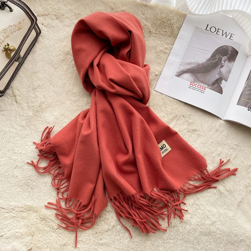 Cashmere Scarf Feel Solid Color Tassel Shawl Long Monochrome
