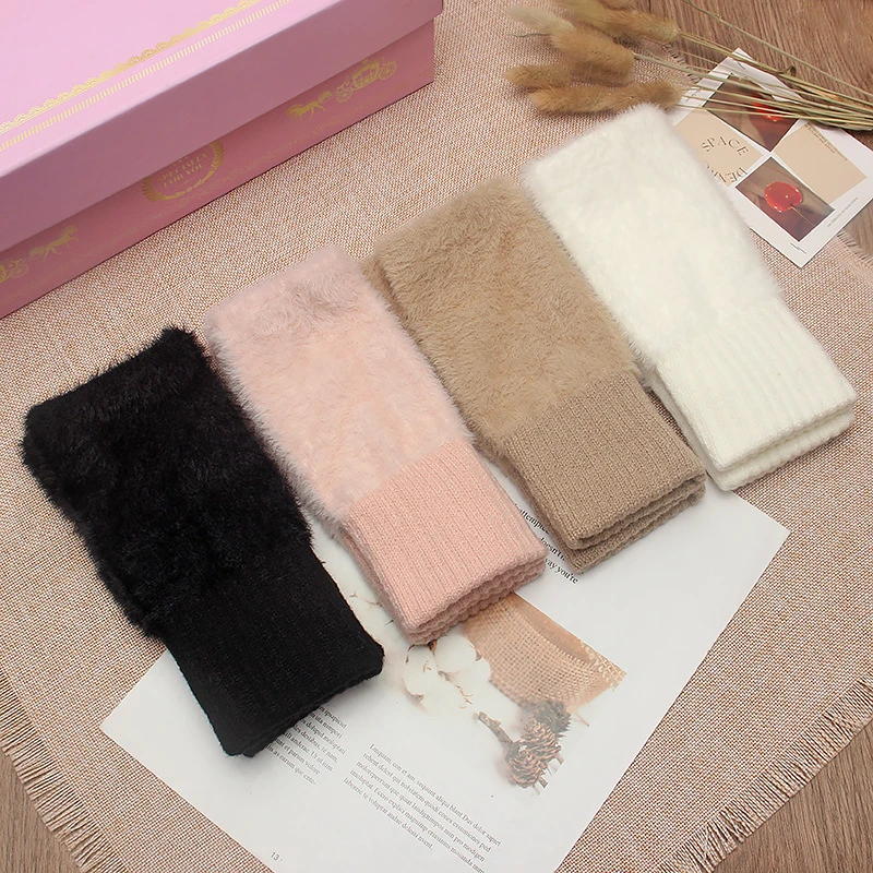 Women's Winter Plush Warm Writing Fingerless Knitted Half Finger Exposed Sleeve Cover Wristband