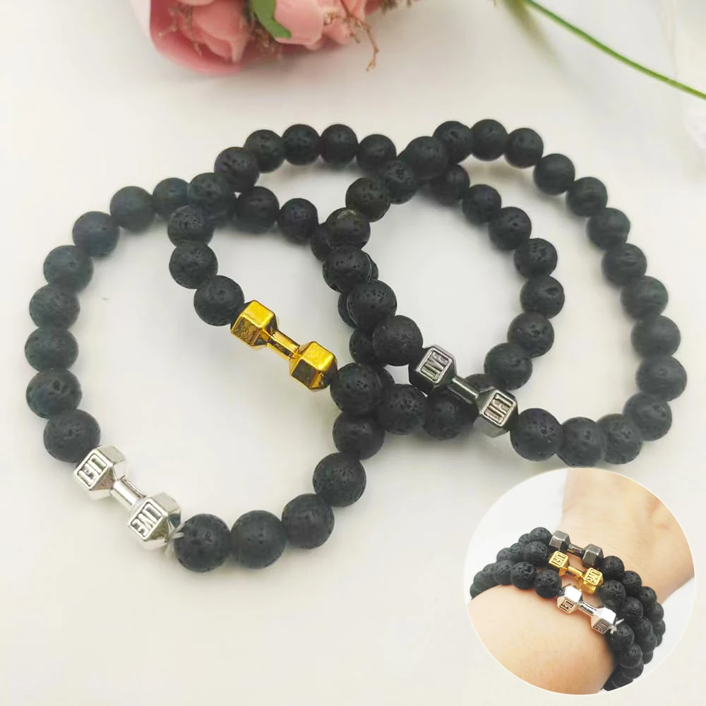 Men's Jewelry Alloy Metal Barbell & Lava Rock Stone Beads Fitness Fashion Dumbbell Bracelet