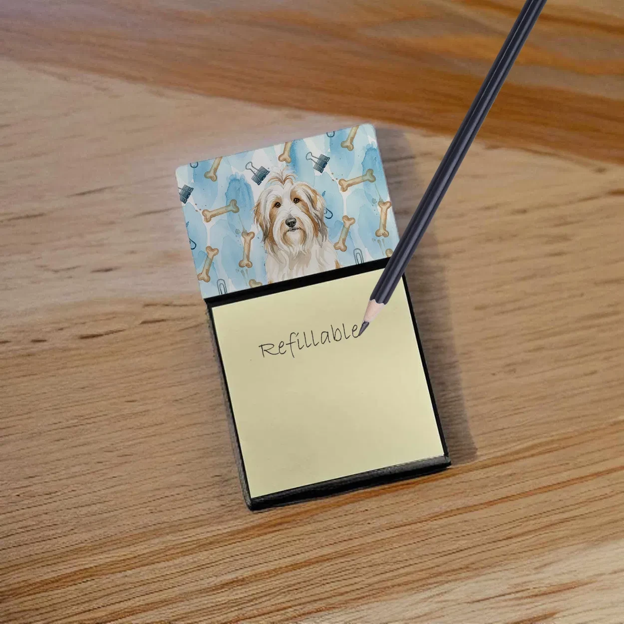White and Tan Bearded Collie Coworker Watercolor Sticky Note Holder Refillable Dispenser Desk Accessory 3x3 Pad Gift