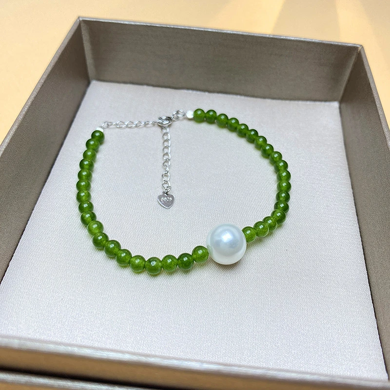 Silver White Green Chalcedony Pearl Bracelet For Women