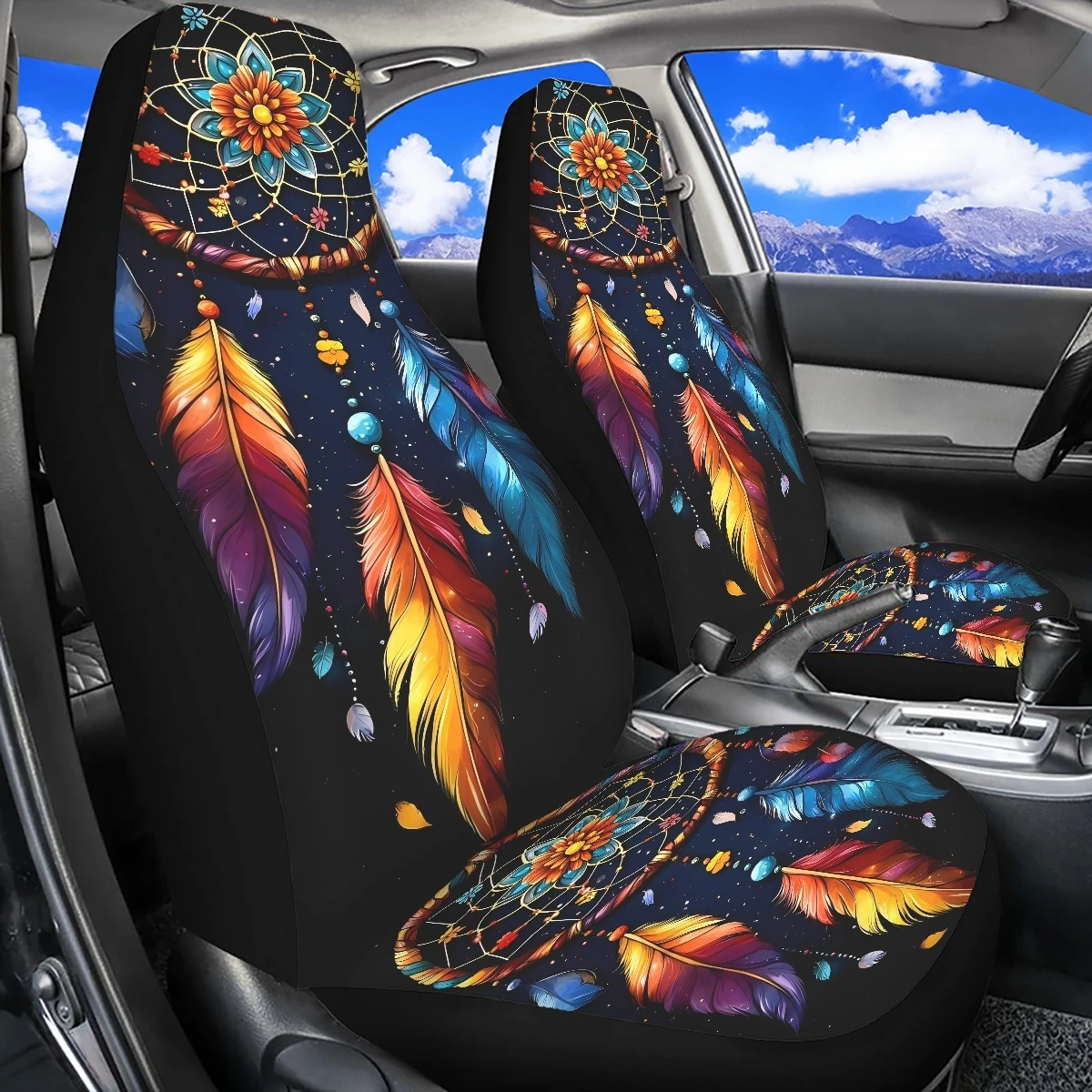 2 Front Car Seat Covers, Digitally Printed With Feather Patterns, Thin, Suitable For All Seasons, Fashionable Car Seat Covers