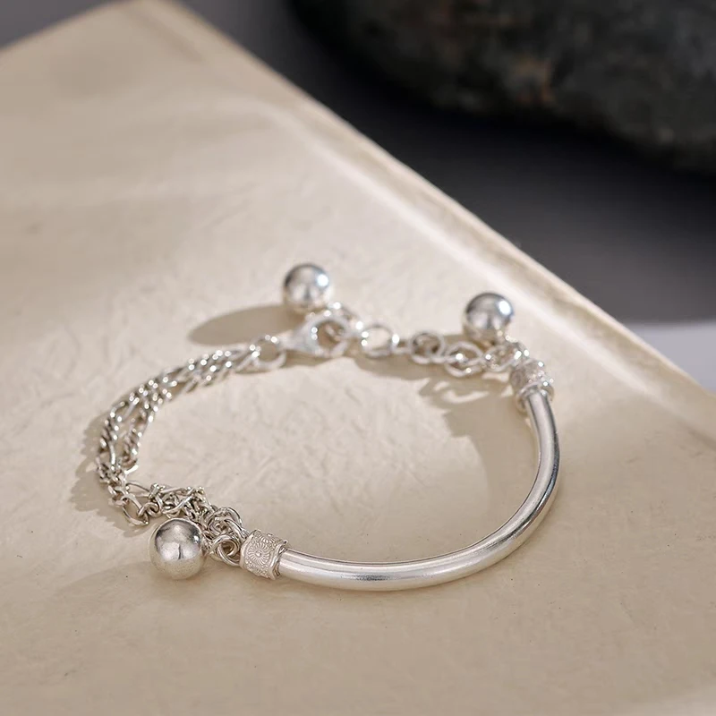 1pc 999 Sterling Silver Half-Bangle With Bead Tassel Bracelet, Minimalist Chinese Style, Perfect For Daily Wear & Valentine's Gifts